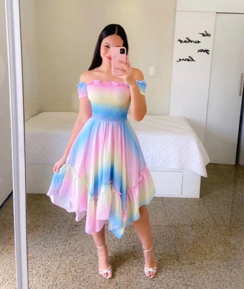 2024 Off-Shoulder Irregular Midi Dress Digital Print Black and White