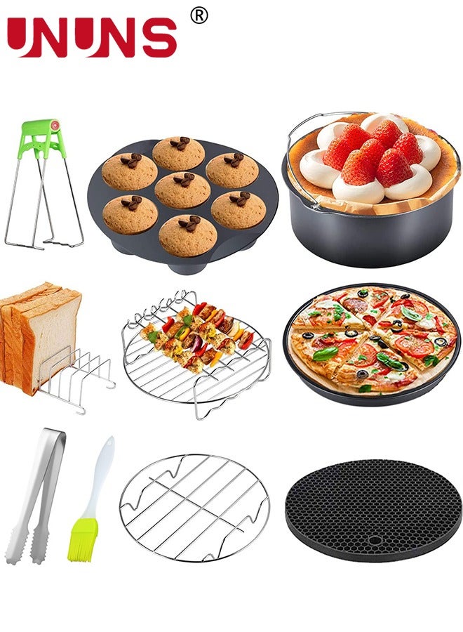 UNUNS 10 Pieces  8 Inch Air Fryer Accessories Combination Material Set Of 10 Air Fryer Accessories For Deep Air Fryer Oven,Include Cake,Rack Skewer,6 Cake Cups Black - Image 1