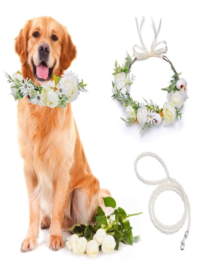 Mogoko 2 Pcs Dog Wedding Set, Flower Collar & Pearls Beaded Leash, Floral Dog Headband, Wreath Bow, Photo Prop (Medium) - Image 1