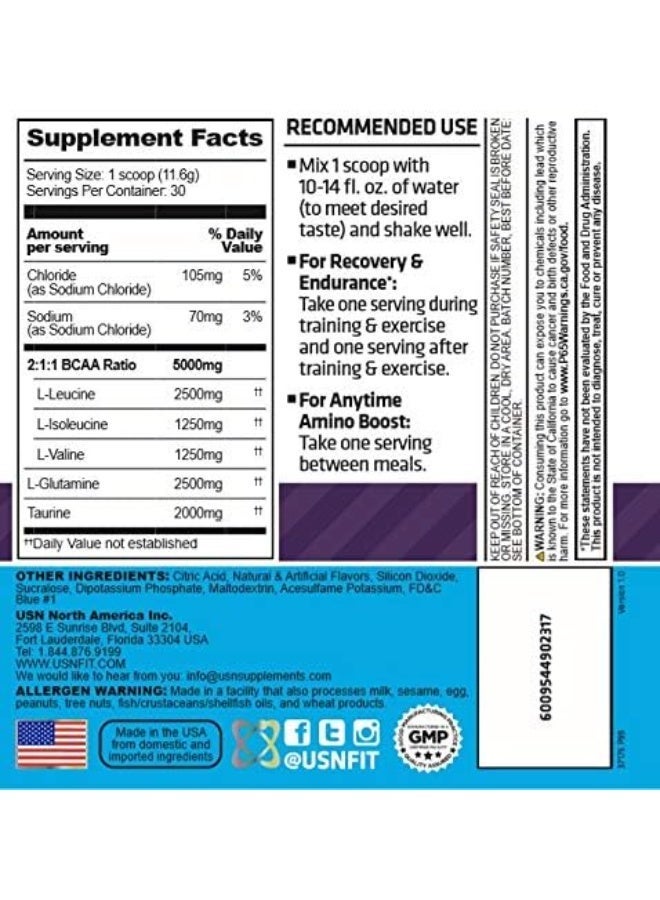 USN BCAA + Amino Blue Raspberry 273g – Recovery & Endurance Amino Acid Formula, 30 Servings - Image 2