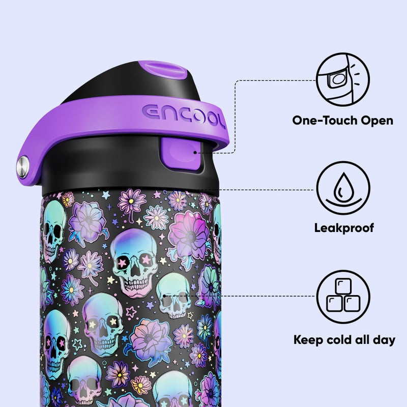 Encool SwiftSip Insulated Stainless Steel Water Bottle with Straw - Leak Proof Sports Water Bottle for School, Travel, Keeps Cold All Day, One-Touch Flip Lid, BPA-Free, 24 oz, Floral Afterlife - Image 5