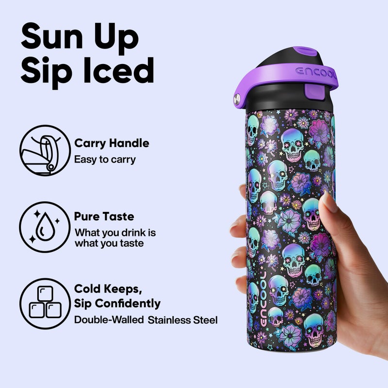 Encool SwiftSip Insulated Stainless Steel Water Bottle with Straw - Leak Proof Sports Water Bottle for School, Travel, Keeps Cold All Day, One-Touch Flip Lid, BPA-Free, 24 oz, Floral Afterlife - Image 4