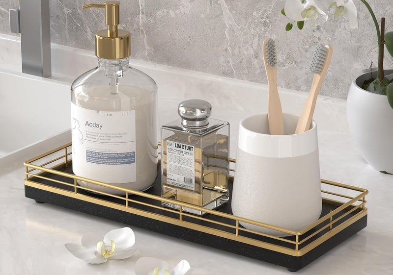 Focusonit Wooden Decorative Tray, Oak 11.2" L Coffee Table Tray for Kitchen Countertop Soap Sponge Holder Candle Nightstand Table Centerpieces for Dining Room Decor Black Gold - Image 1