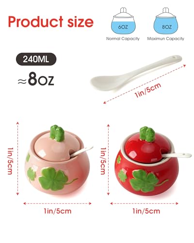 bwszrosa Ceramic Sugar Bowl Set of 2, Four-Leaf Clover Print Sugar and Salt Container with Lid and Spoon, Pink Red Decorative Spice Jar for Kitchen/Tea Time, Dishwasher Safe - Image 3