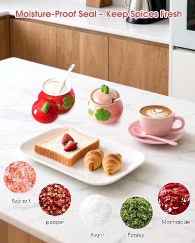 bwszrosa Ceramic Sugar Bowl Set of 2, Four-Leaf Clover Print Sugar and Salt Container with Lid and Spoon, Pink Red Decorative Spice Jar for Kitchen/Tea Time, Dishwasher Safe - Image 4