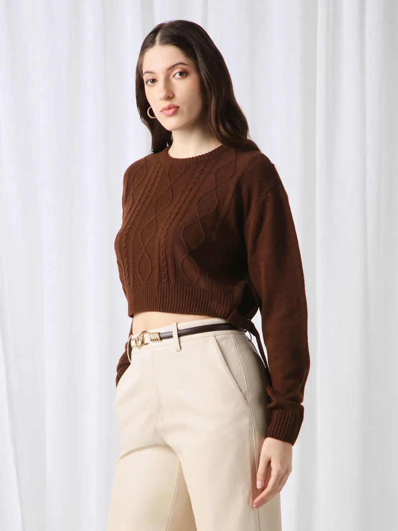 globus Globus Women Brown Cable Knitting Round Neck Long Sleeve Acrylic Pullover Crop Sweater