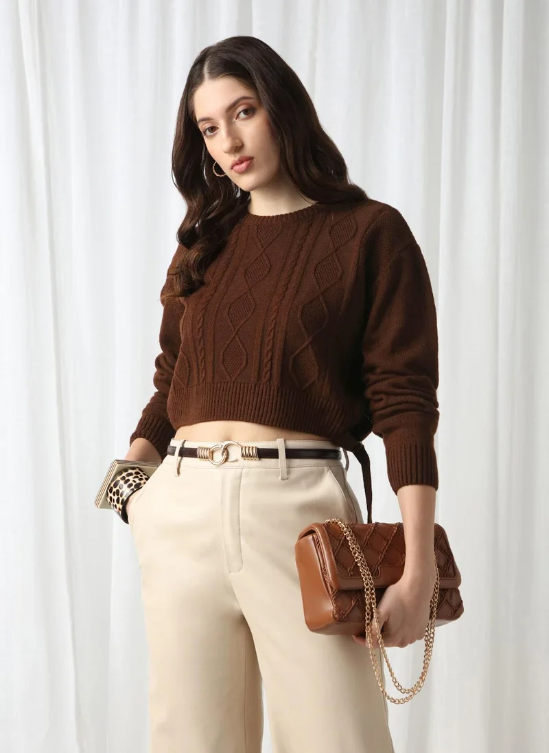 globus Globus Women Brown Cable Knitting Round Neck Long Sleeve Acrylic Pullover Crop Sweater