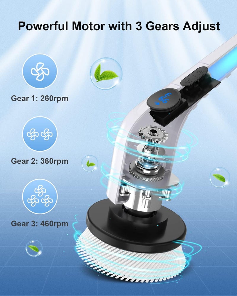 Leebein Electric Spin Scrubber, Cordless Cleaning Brush with 8 Replaceable Brush Heads & Adjustable Extension Handle & 3 Rotating Speeds, Power Cleaning Brush for Bathroom/Tub (ANS-8051) - Image 2