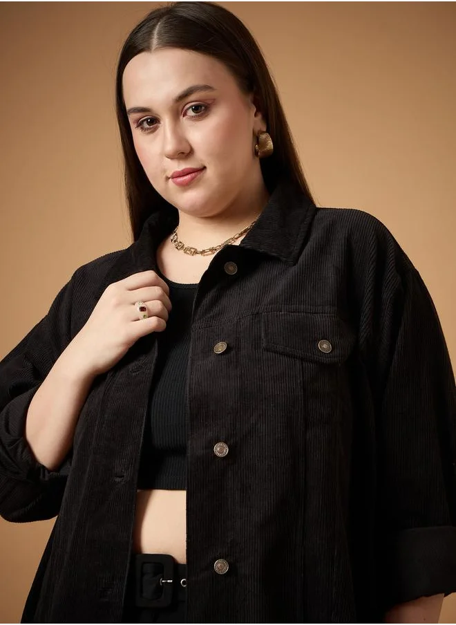 SASSAFRAS Plus Size Corduroy Front Button Shacket with Pocket Detail by Styli