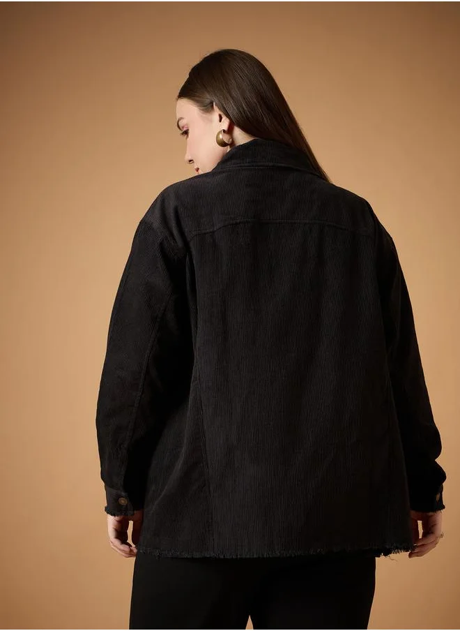 SASSAFRAS Plus Size Corduroy Front Button Shacket with Pocket Detail by Styli