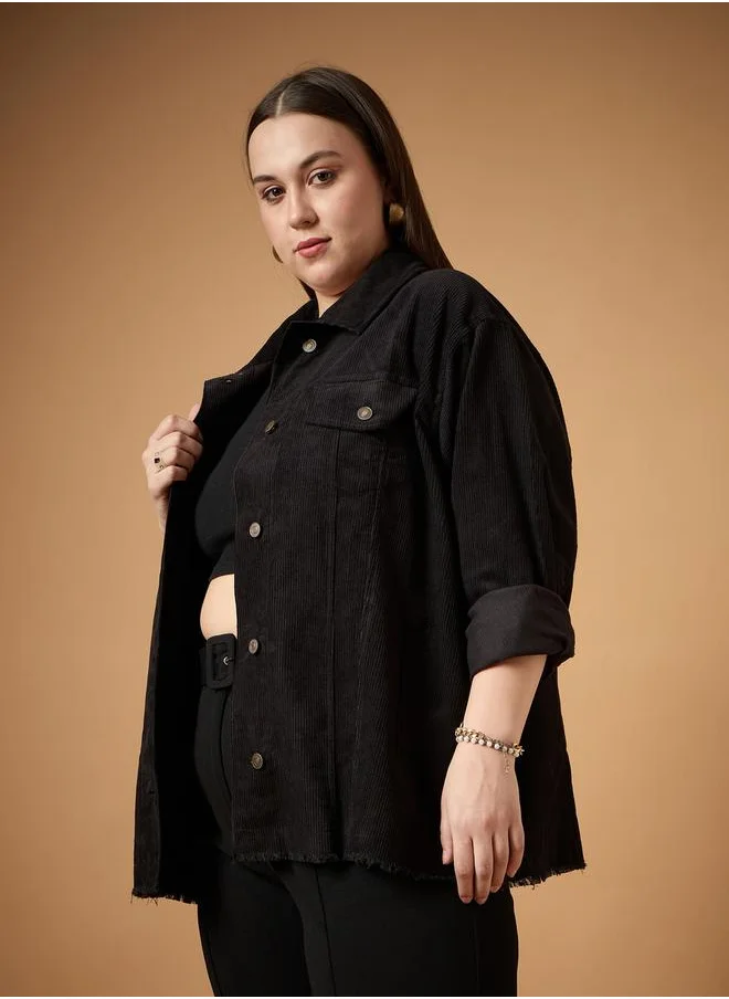 SASSAFRAS Plus Size Corduroy Front Button Shacket with Pocket Detail by Styli