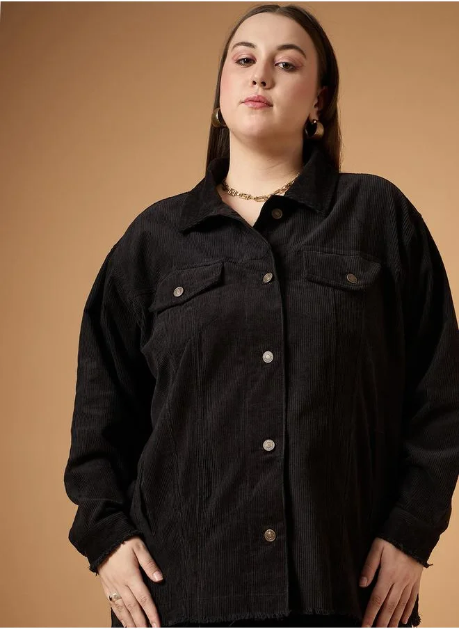 SASSAFRAS Plus Size Corduroy Front Button Shacket with Pocket Detail by Styli
