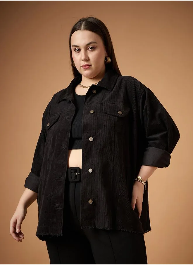 ساسافراس Plus Size Corduroy Front Button Shacket with Pocket Detail