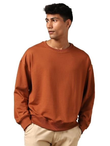 NOBERO Men's Cotton Blend Crew Neck Oversized Fit Sweatshirt (1M-TWSS-R0005_Mocha Bisque (X_Large) - Image 4