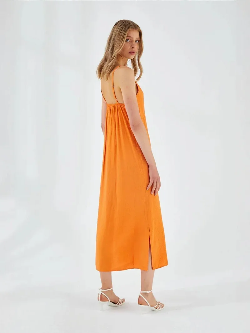 MixRay Bright Orange Mixray V-Neck Slit Midi Dress for Women | Best Price UAE