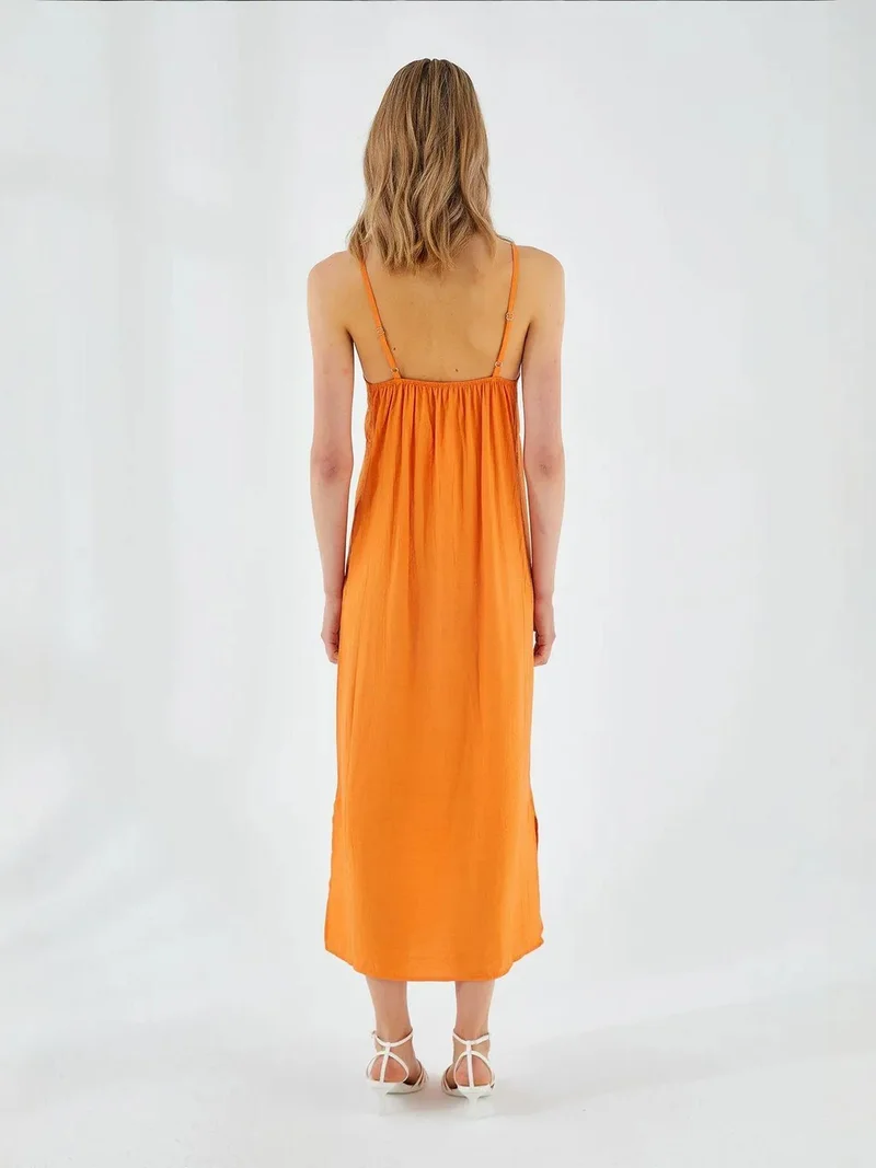 MixRay Bright Orange Mixray V-Neck Slit Midi Dress for Women | Best Price UAE