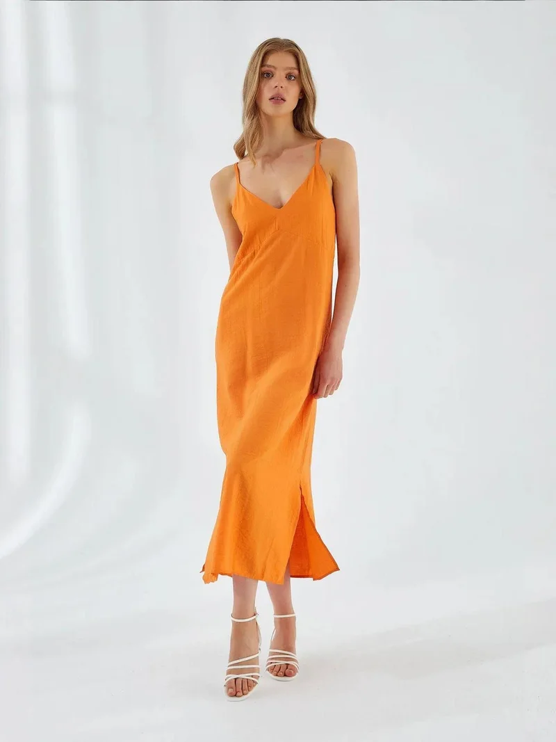 MixRay Bright Orange Mixray V-Neck Slit Midi Dress for Women | Best Price UAE