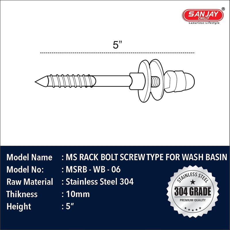 Sanjay Chilly Rack Bolt Screw Type for Wash Basin Stainless Steel Silver Bolt Screw Set Strong Reliable Fixing Rack Bolt Full Pair Accessories For Bathroom Kitchen Toilet Pack of 10 - Image 2
