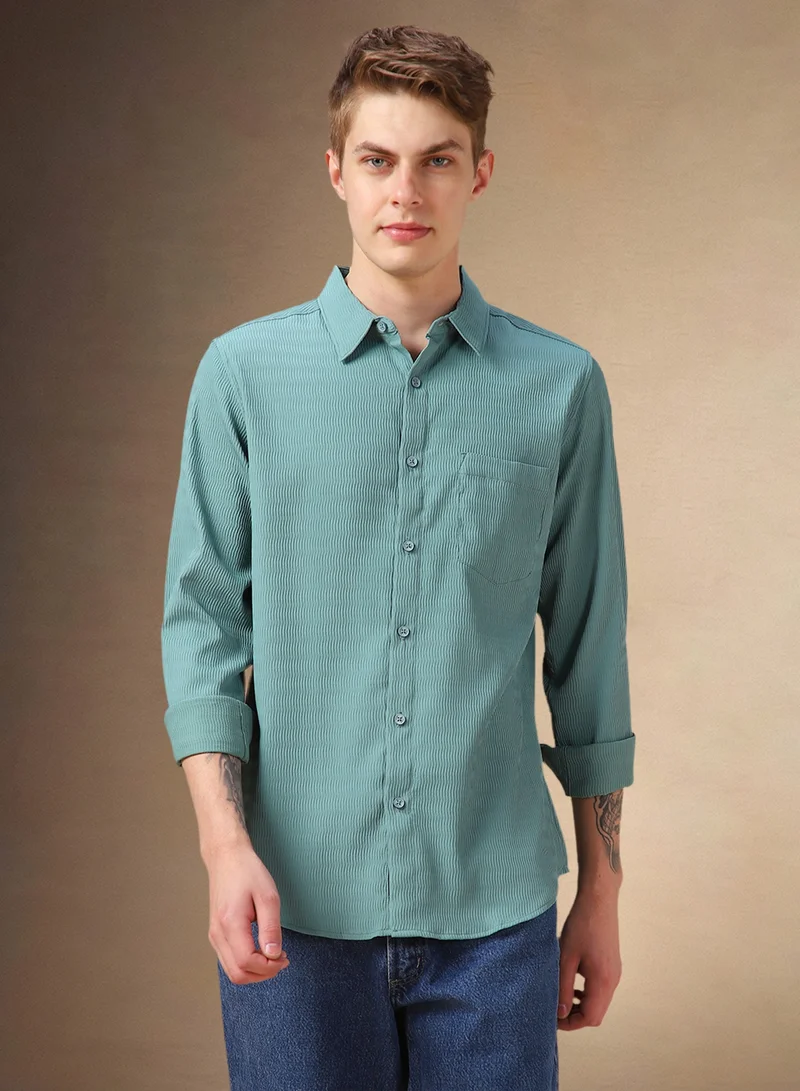 دينيس لينغو Regular Fit Blue Shirt Spread Collar