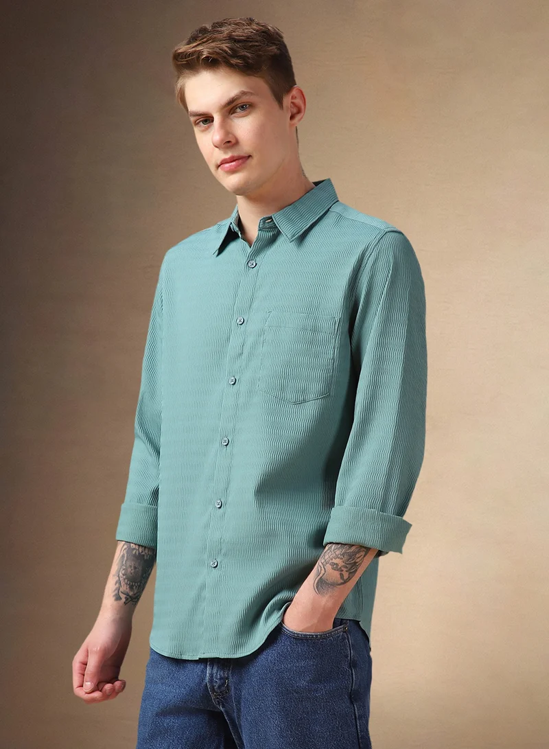 دينيس لينغو Regular Fit Blue Shirt Spread Collar