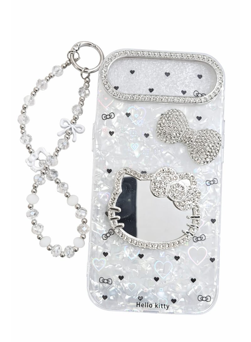 هالو كيتي حافظة هاتف Hello Kitty ثلاثية الأبعاد بسطح مرآة لامع وبرقع لامع لـ iPhone 17 Air غطاء صلب مع حبل (iPhone 17 Air) - Image 1