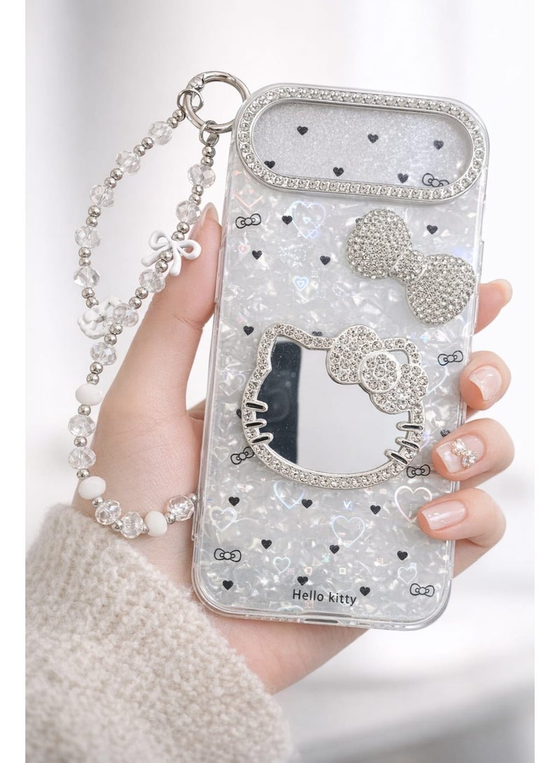 هالو كيتي حافظة هاتف Hello Kitty ثلاثية الأبعاد بسطح مرآة لامع وبرقع لامع لـ iPhone 17 Air غطاء صلب مع حبل (iPhone 17 Air) - Image 2