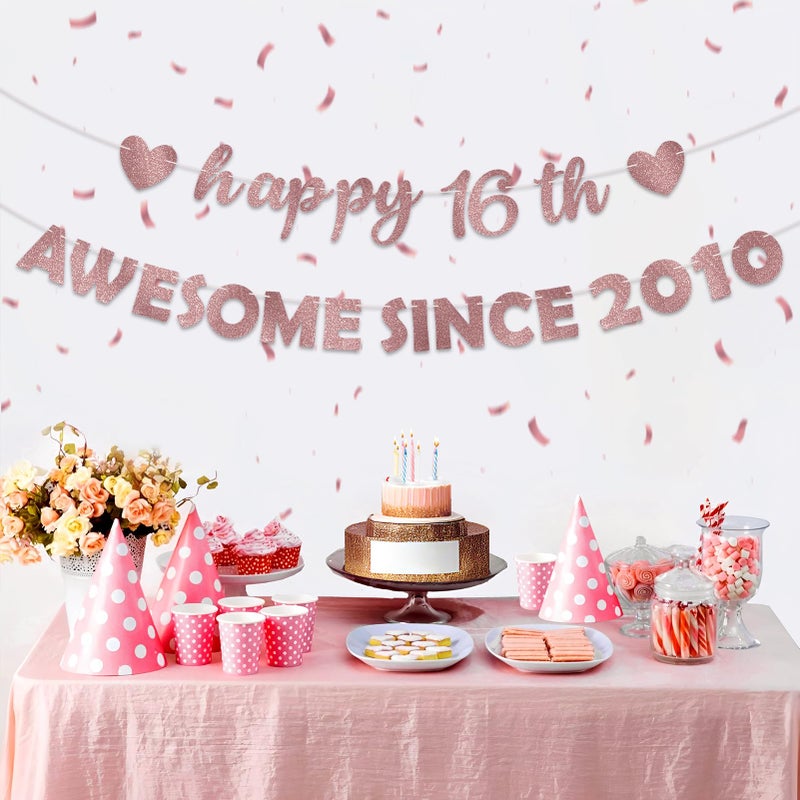 Eucutur Pink Rose Gold Sweet 16 Party Decorations for Girls Women, Pre-Strung Giltter Awesome Since 2010 16th Birthday Banner Party Supplies, Sixteen Years Old Hanging Banner Photo Props Decor Sign - Image 4