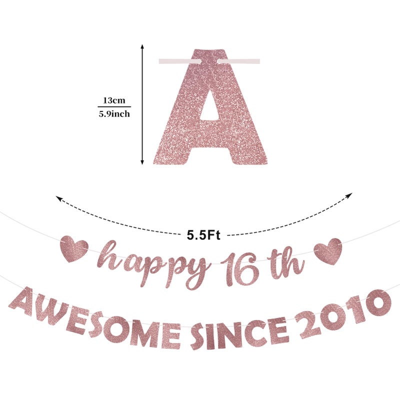 Eucutur Pink Rose Gold Sweet 16 Party Decorations for Girls Women, Pre-Strung Giltter Awesome Since 2010 16th Birthday Banner Party Supplies, Sixteen Years Old Hanging Banner Photo Props Decor Sign - Image 2