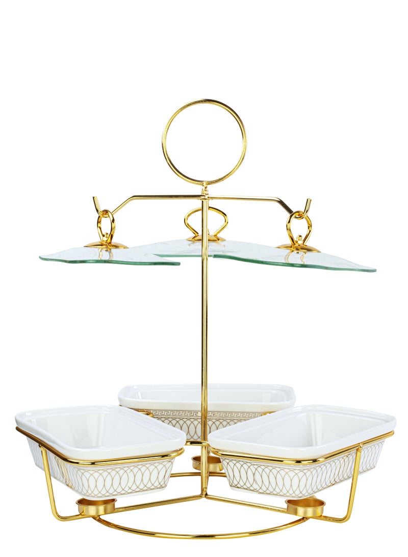 Triple 9 Inch Rectangular Porcelain Casserole with Golden Metal Warmer Rack and Lid 46x40x50cm