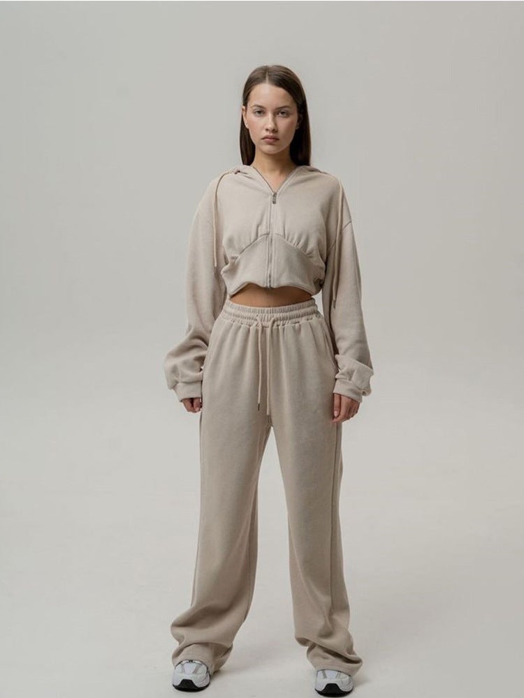 European and American Autumn New 2024 Casual Womens suit Long-sleeved Zipper Hoodie Solid Color Lace-up Pants Two-piece Set Khaki