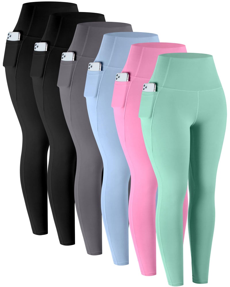 LZYVOO Leggings with Pockets for Women, 6 Packs Soft High Waisted Tummy Control Workout Yoga Pants(2BlackGrayLBlueAPinkMint-M) - Image 1