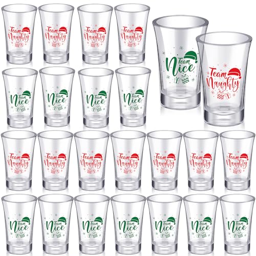 Ziliny 24 Pcs Christmas Shot Glasses Funny Novelty Glass Set 12 oz Clear Green Red Glasses Acrylic Drinkware for Xmas Holiday Gift Liquor Game Party Supplies Decors