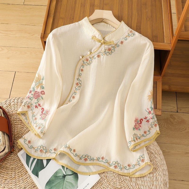 Summer slant lapel national style retro embroidery cotton and linen mothers top womens buckle color matching slim age-reducing seven-point sleeve Off-white - Image 1