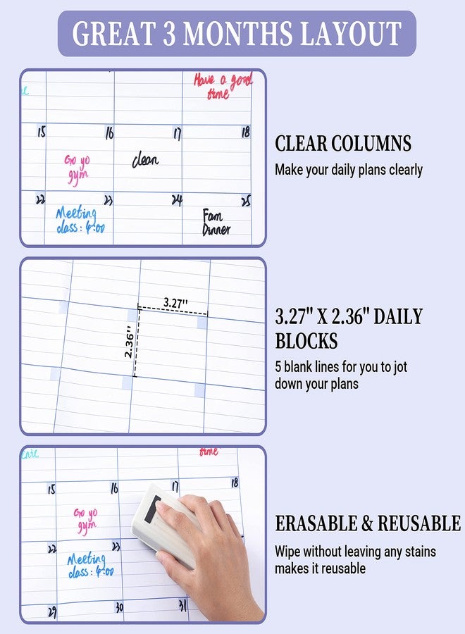 BooQool Large Dry Erase Calendar for Wall - Undated 3 Month Calendar, 27.7'' x 40'', Erasable & Reusable Laminated White Board with 8 Round Stickers, Vertical Layout Home, Office and School - Image 4