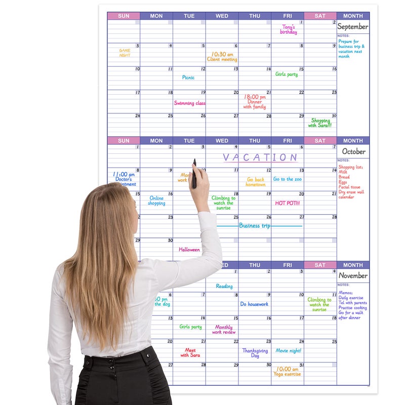 BooQool Large Dry Erase Calendar for Wall - Undated 3 Month Calendar, 27.7'' x 40'', Erasable & Reusable Laminated White Board with 8 Round Stickers, Vertical Layout Home, Office and School - Image 1