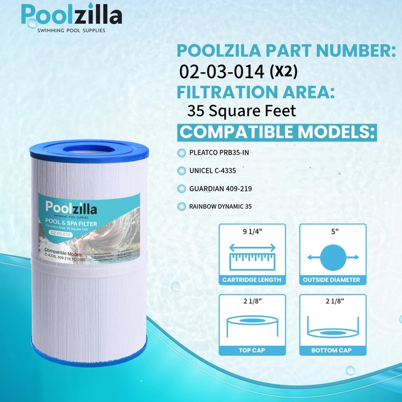 Poolzilla 2-Pack Replacement for Spa Filter PRB35-IN, Pleatco PRB35-IN, Unicel C-4335, Guardian 409-219, Aladdin 13501, Rainbow Dynamic 35, Waterway 35 in-line (L x OD: 9 1/4â€ x 5â€) - Image 2