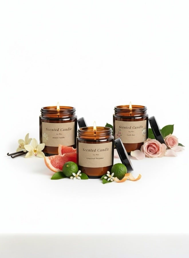 Lifenpure 3 Pcs Scented Jar Candles  Soy Wax for Aromatherapy Dreamy Vanilla Castle Rose And Grapefruit & Bergamot - Image 1