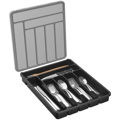 Lifewit Silverware Organizer with Lid Covered Utensil Tray for Kitchen Drawer and Countertop Plastic Cutlery and Flatware Storage Box for Spoons Forks Knives Holder Case 29 x 37cm Black - Image 1