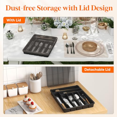 Lifewit Silverware Organizer with Lid Covered Utensil Tray for Kitchen Drawer and Countertop Plastic Cutlery and Flatware Storage Box for Spoons Forks Knives Holder Case 29 x 37cm Black - Image 3