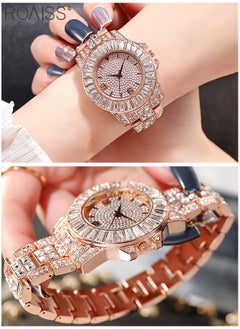 roaiss 3PCS Women's Steel Strap Bracelet Watch Set, Analog Display Round Dial Quartz Watch with Bracelets and Rhinestones Decoration, Luxurious Watch as Gift for Women, Rose Gold  - Image 4