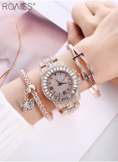 roaiss 3PCS Women's Steel Strap Bracelet Watch Set, Analog Display Round Dial Quartz Watch with Bracelets and Rhinestones Decoration, Luxurious Watch as Gift for Women, Rose Gold  - Image 2