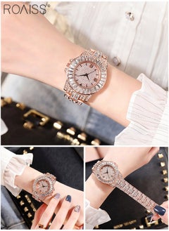 roaiss 3PCS Women's Steel Strap Bracelet Watch Set, Analog Display Round Dial Quartz Watch with Bracelets and Rhinestones Decoration, Luxurious Watch as Gift for Women, Rose Gold  - Image 5