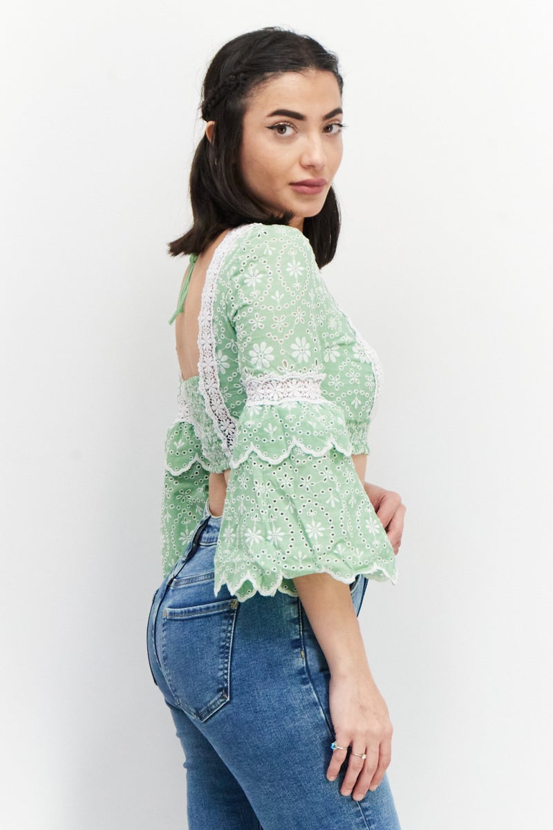 Charo Ruiz Ibiza Women Square Neck 3/4 Sleeve Eyelet Tops, Green  - Image 2