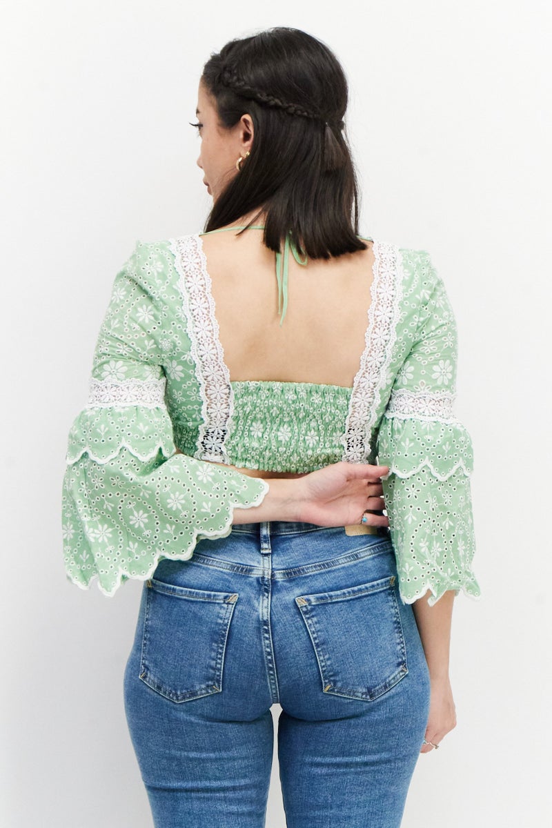Charo Ruiz Ibiza Women Square Neck 3/4 Sleeve Eyelet Tops, Green  - Image 4