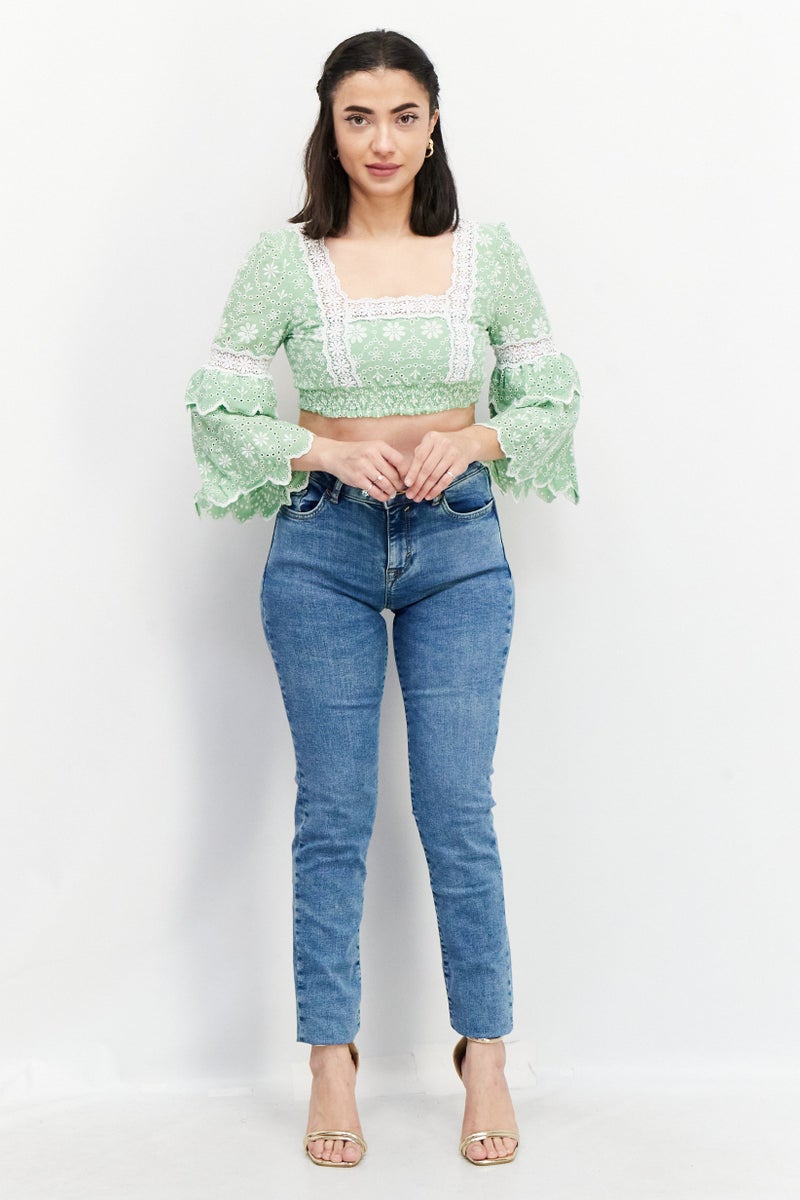Charo Ruiz Ibiza Women Square Neck 3/4 Sleeve Eyelet Tops, Green  - Image 3