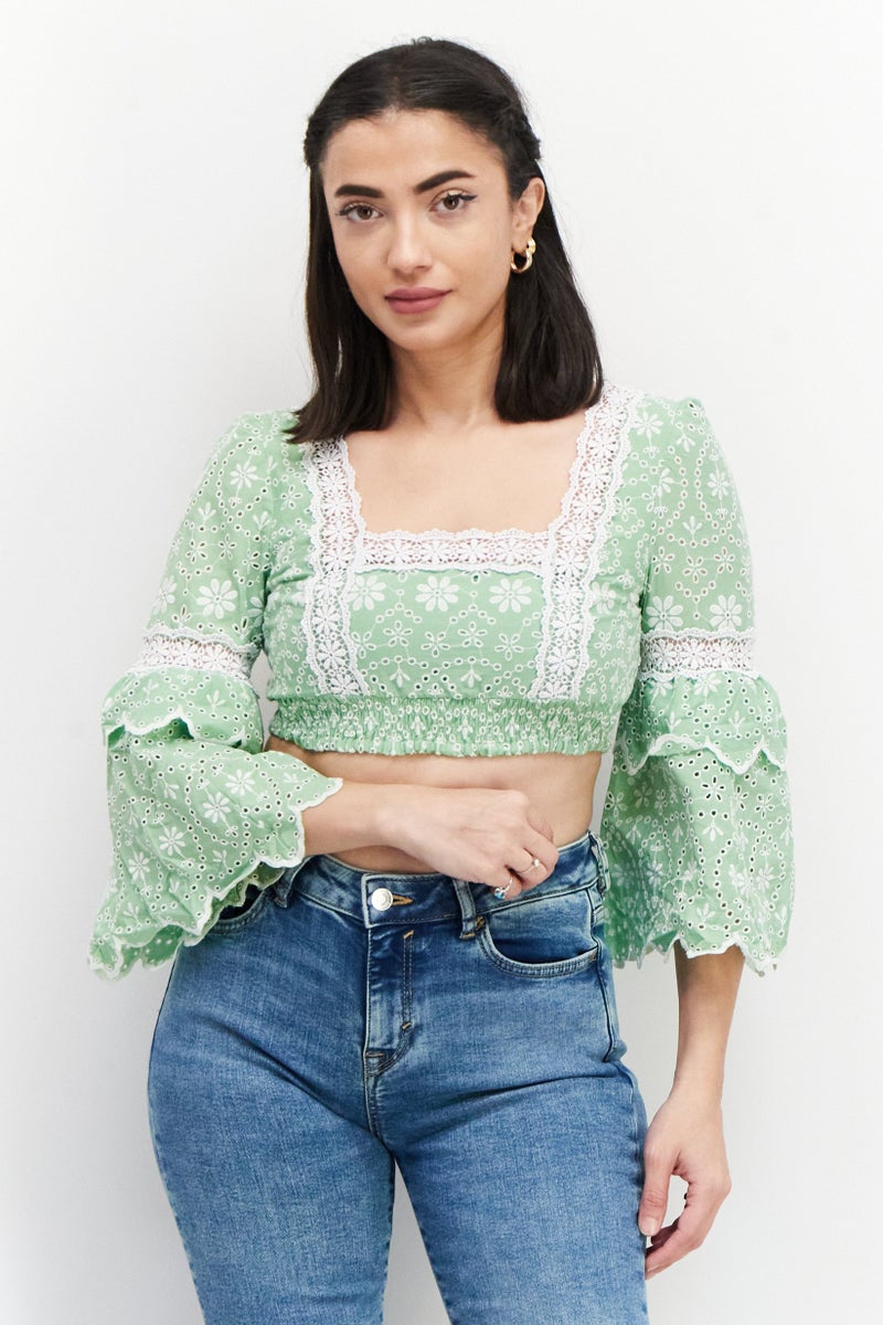 Charo Ruiz Ibiza Women Square Neck 3/4 Sleeve Eyelet Tops, Green  - Image 1