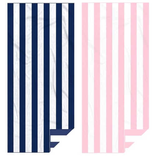 Eunzel 2 Pack Microfiber Beach Towel Quick Dry Travel Towel Large Sand Free Towel for Beach Camping Swim Pool Gym Sports Yoga 71x32 Stripe Navy Pink - Image 1