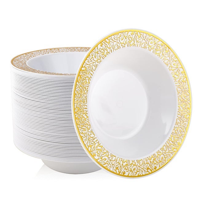 60 DISPOSABLE GOLD PLASTIC DESSERT BOWLS 12 OZ SOUP BOWLS LACE CHRISTMAS THANKSGIVING TRIM PREMIUM HEAVY DUTY PLASTIC BOWL FOR WEDDINGPARTY GOLD