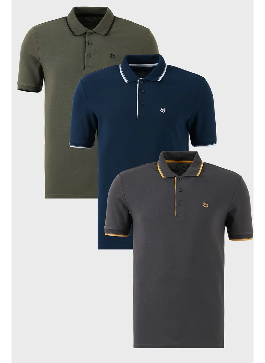Buratti Cotton Slim Fit Stripe Detailed Buttoned Polo Collar 3-Piece T Shirt Men's T Shirt 5902118S3