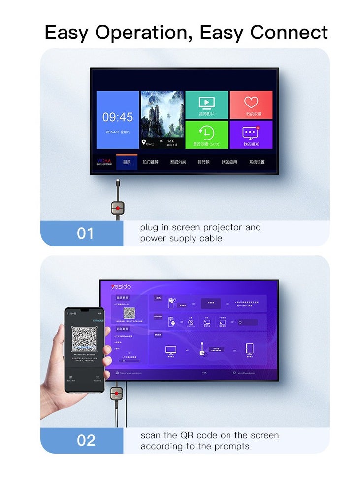 يسيدو - محول عرض HDMI لاسلكي – توصيل وتشغيل 4K HD، دقة 1080P/60Hz، بث عبر شبكتي 2.4/  من اللابتوب أو الهاتف الذكي إلى التلفاز، الشاشة أو البروجيكتور، يدعم أنظمة iOS، Android، Windows، Mac OS  احصل على تجربة عرض لاسلكية لا مثيل لها مع محول العرض HDMI اللاسلكي الذي يوفر لك بثًا فائق الجودة بدقة 4K و1080P/60Hz - Image 1